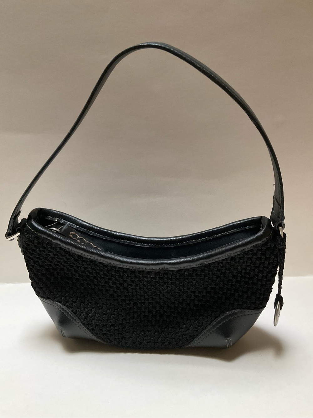 The Sak Black Crochet Handbag Knit Baguette Hobo Metal Bag Charm